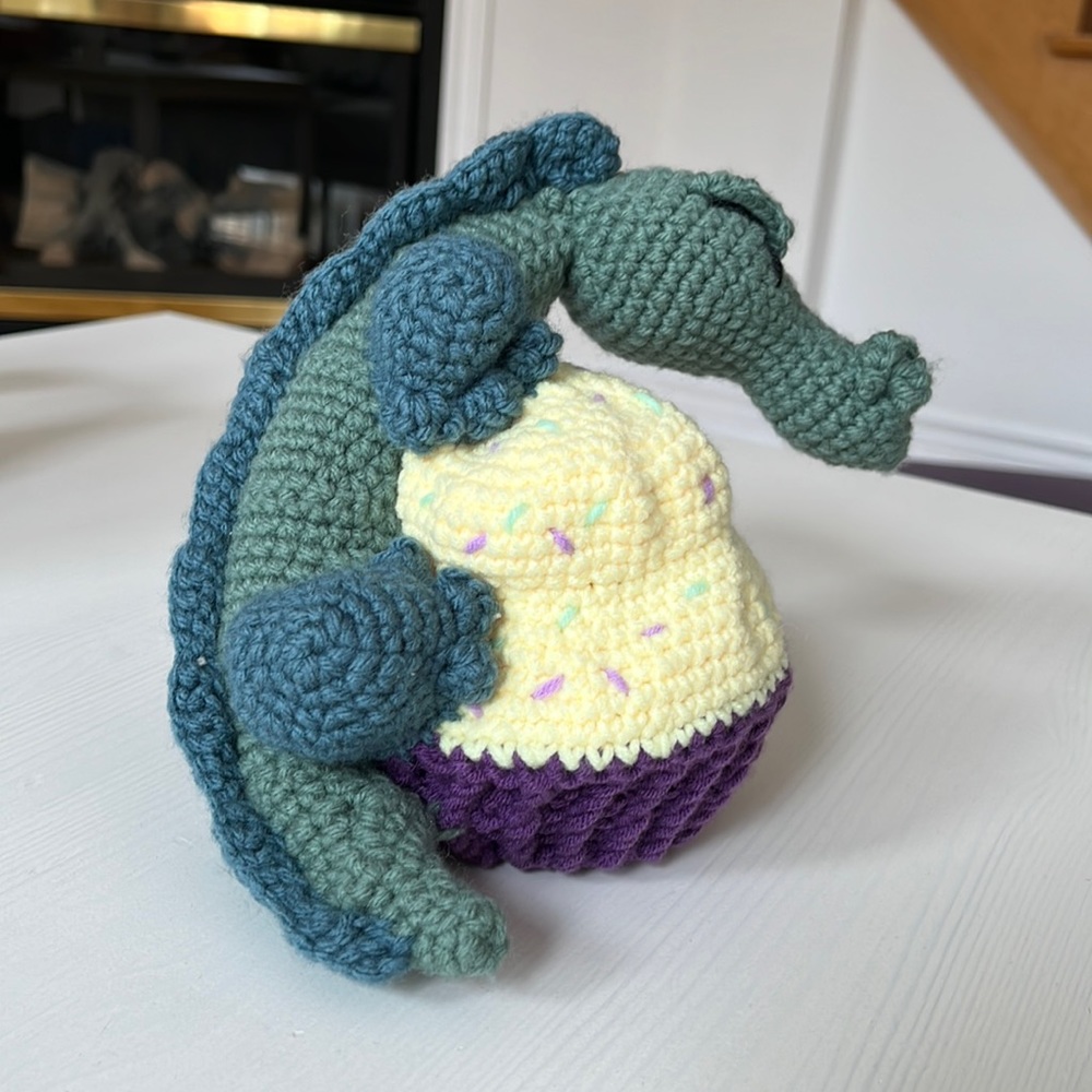amigurumi crochet green dragon with cupcake stuffed animal | handmade